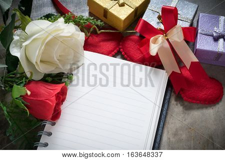 Valentine Day Background,red Heart With Notebook Paper Red White Rose
