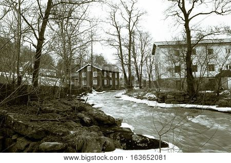 Kungsbacka river with cold water one grey day in early spring