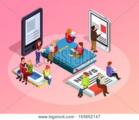 Reading people isometric composition women men and family sitting on books newspapers and read vector illustration