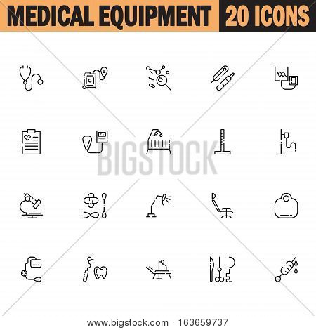 Medical equipment flat icon set. Collection of high quality outline symbols of medical equipment for web design, mobile app. Vector thin line icons or logo of stetchoscope, thermometer, microscope, etc.