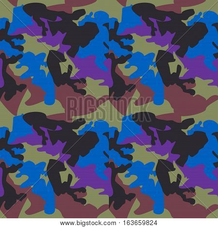 Camouflage pattern background seamless clothing print repeatable camo glamour vector. Blue purple black olive