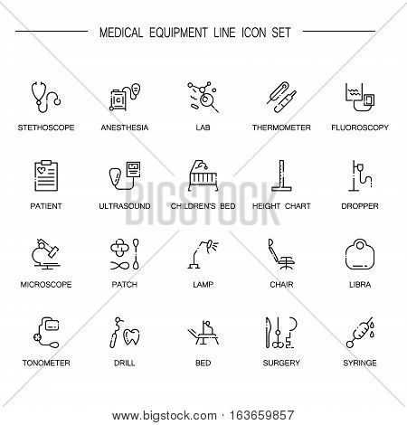 Medical equipment flat icon set. Collection of high quality outline symbols of medical equipment for web design, mobile app. Vector thin line icons or logo of stetchoscope, thermometer, microscope, etc.