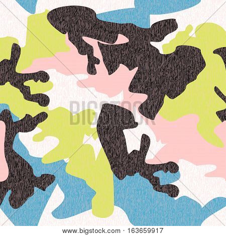 Camouflage pattern background seamless clothing print repeatable camo glamour grunge of scratch vector. Pink lime black white