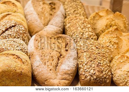 Different types of bread on the shelves