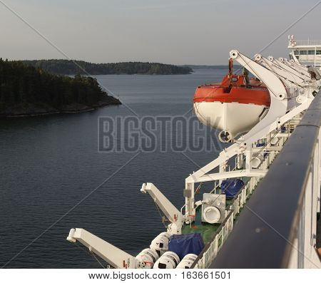 Part Of The Big Ferry, Saving Boat On The Ferry Boat