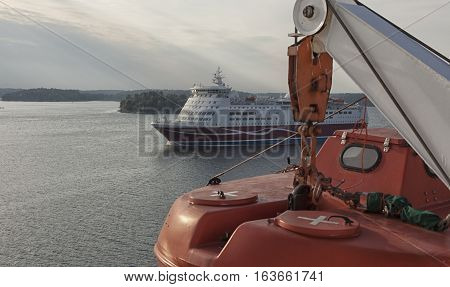 Part Of The Big Ferry, Saving Boat On The Ferry Boat