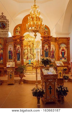 VOYUTYN UKRAINE - 14 October 2016: Interior of the Orthodox Church altar iconostasis and painted icons