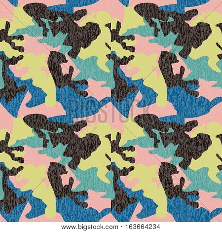 Camouflage pattern background seamless clothing print repeatable camo glamour grunge of scratch vector. Pink lime blue black