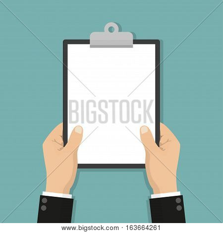 Blank clipboard in hands businessman. Empty space for text. Blank sheet white paper