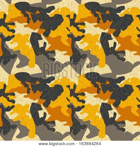 Camouflage pattern background seamless clothing print repeatable camo glamour grunge of scratch vector. Yellow grey black