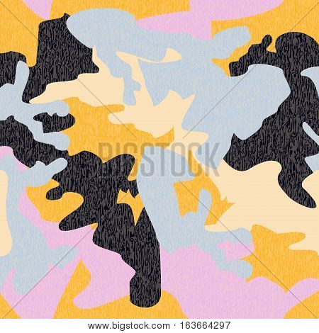 Camouflage pattern background seamless clothing print repeatable camo glamour grunge of scratch vector. Yellow navy blue pink