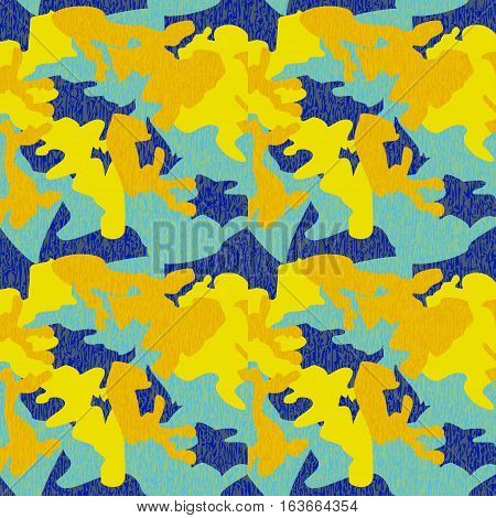 Camouflage pattern background seamless clothing print repeatable camo glamour grunge of scratch vector. Yellow blue