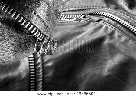Metal Zipper on Leather Jacket Detail Close Up