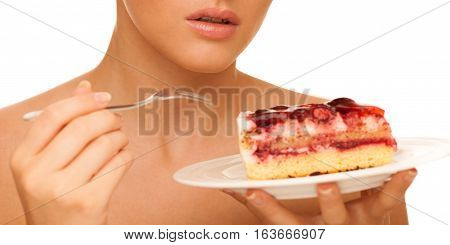 Strawberry Cake - Wman Eats Sweet Dessert Isolated