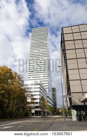 Basel, Switzerland - October 20, 2016: The Roche Tower at the headquarters of the pharmaceutical company Roche