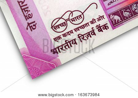 Indian Bank Note INR 2000 with Swatchh Bharat meaning clean India slogan written on it with eye glasses of Mahatma Gandhi ,father of Nation