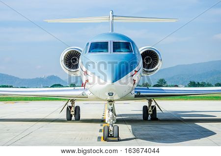 Close Up Front of Small Airplane or Aeroplane Parked at Airport.Small Airplane Famous to use Private Airplane.Mountain View.