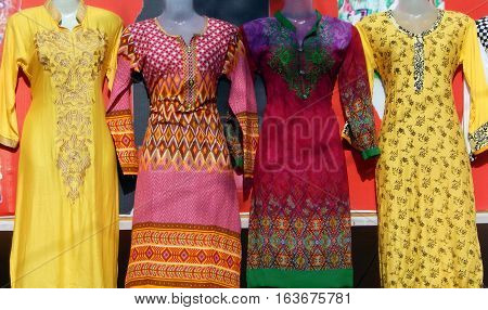 HYDERABAD,INDIA-FEBRUARY 16:Mannequins dressed in latest Indian fashion salwar kameez kept in front of retail clothes store on February 16,2016 in Hyderabad,India.