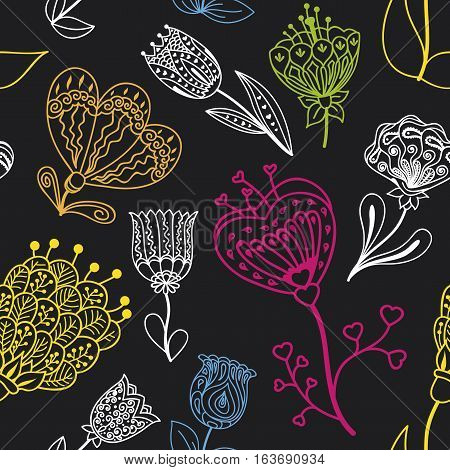 Flowers doodle seamless pattern on a black background. Vector illustration