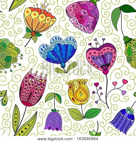 Flowers doodle seamless pattern on a white background. Vector illustration