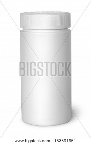 White plastic bottle for vitamins with lid closed isolated on white background