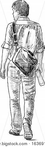 Sketch Of A Casual Young Townsman Going Down The Street