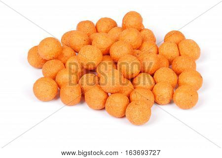 Close up view of fishing baits for carp. Accessories for carp fishing isolated on white background.