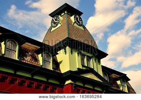 Bennington Vermont -September 18 2014: Mansard roof with clock tower at the 1880 North Bennington Railway Station