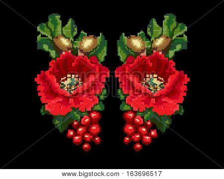 poppies acorns viburnum embroidery vector for textile design