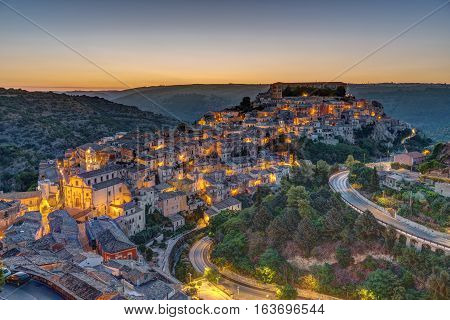 The old town of Ragusa Ibla in Sicily before sunrise