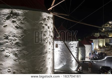 Traditional windmills at astypalaia island at night. Greece