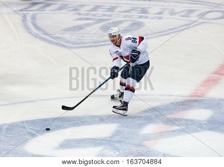 MOSCOW RUSSIA - OCTOBER 12 2016: Defender T. Kundratek (84) in action on hockey game Dynamo Moscow vs Slovan Bratislava on Russia KHL championship. Slovan won 5:3