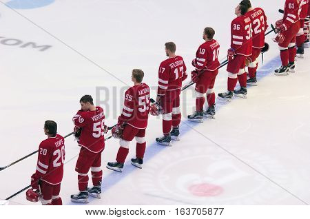 Podolsk - October 30, 2016: Vityaz Team On Himn Just Before Hockey Game Vityaz Vs Dynamo Minsk On Ru