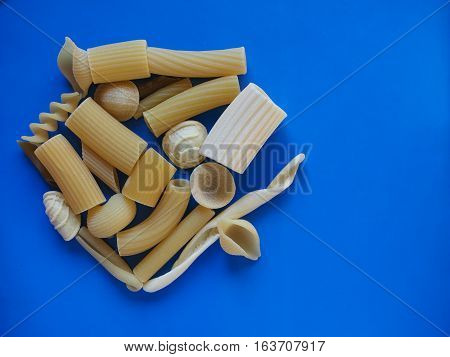 Traditional Italian Pasta, Blue Background With Copy Space