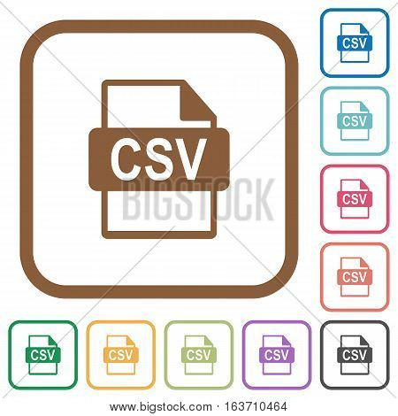 CSV file format simple icons in color rounded square frames on white background