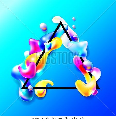 abstract bright colorful plasma drops shapes with a black triangle frame pattern isolated on blue background for banner, card, poster, web design, vector illustration collection eps10