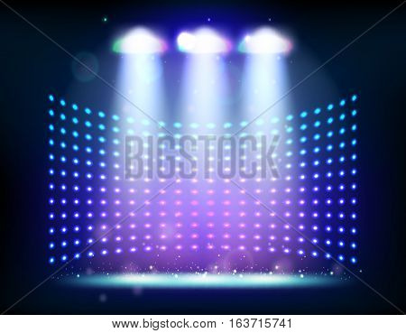 scene illumination show, bright lighting with spotlights, floodlight disco vector illustration