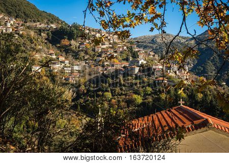 Scenic Mountain Autumn Landscape With  Village Langadia, Peloponnese, Greece
