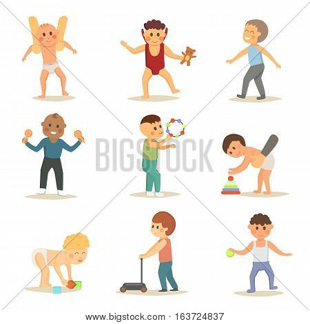Happy laughing baby wearing cute clothing. Preschool toys of little kids. Children first walking. Textile for cheerful infants flat vector illustration.