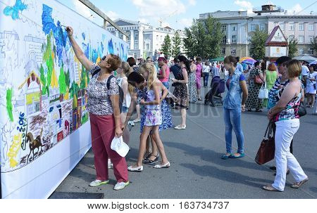 Omsk Russia - August 6 2016: Coloring Omsk - event on the 300th anniversary of the city of Omsk