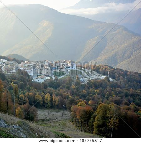 KRASNAYA POLYANA SOCHI RUSSIA 26 OCTOBER 7 2016: View of the ski resort Gorky Gorod Krasnaya Polyana Sochi Russia.