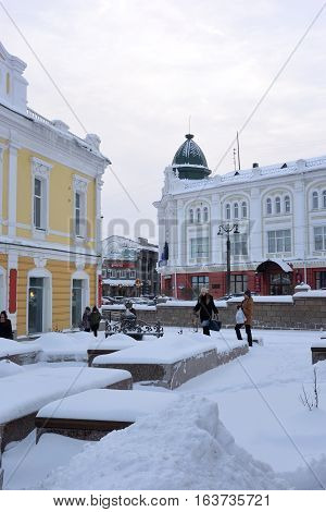 OMSK RUSSIA - DECEMBER 15 2016: Street view of Lenin street Karl Liebknecht