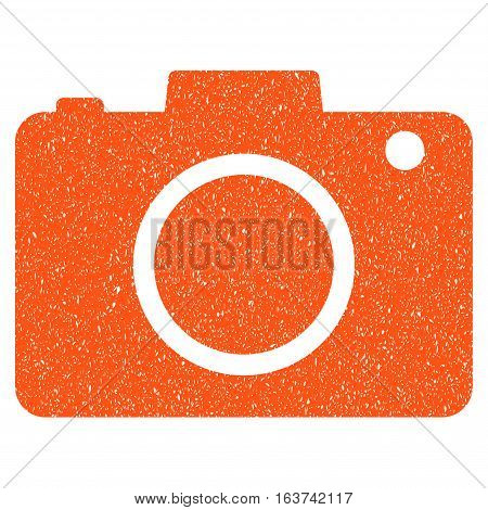 Photo Camera grainy textured icon for overlay watermark stamps. Flat symbol with scratched texture. Dotted vector orange ink rubber seal stamp with grunge design on a white background.
