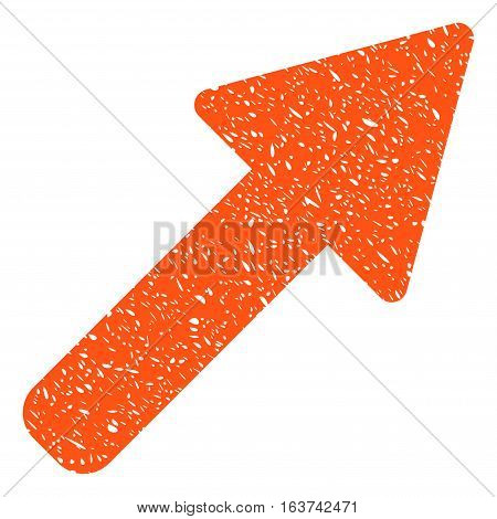 Right Up Arrow grainy textured icon for overlay watermark stamps. Flat symbol with dirty texture. Dotted vector orange ink rubber seal stamp with grunge design on a white background.