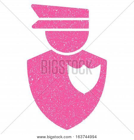 Policeman grainy textured icon for overlay watermark stamps. Flat symbol with scratched texture. Dotted vector pink ink rubber seal stamp with grunge design on a white background.