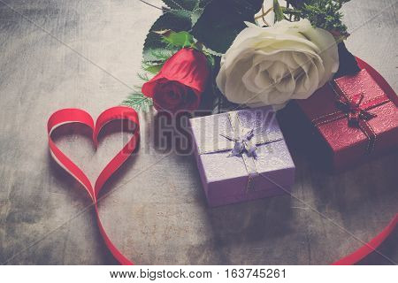 Valentine Day Background, Red Heart With Red White Rose