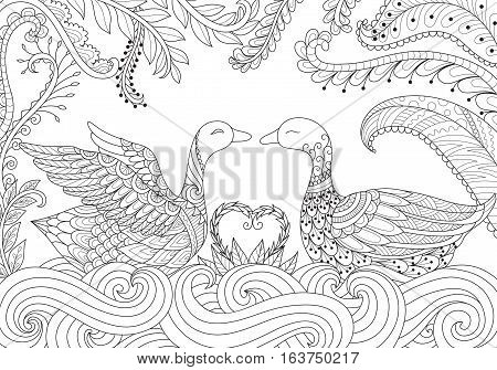 Two swans playing happily together on river for Valentine's card and adult coloring book pages. Stock vector