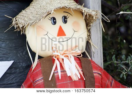 Scarecrow propped against the edge of a sign