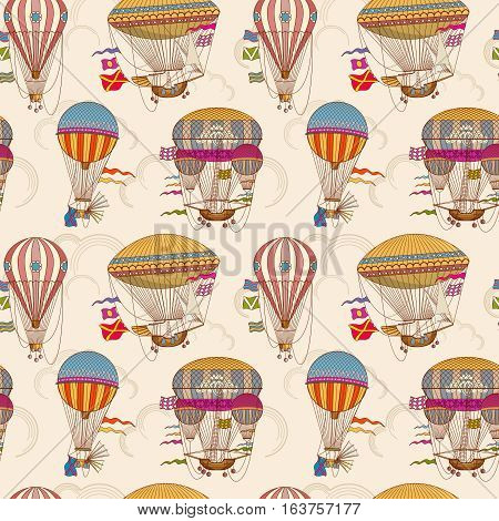 Retro air hot balloons seamless childrens vector background. Color pattern with striped air hot balloons illustration