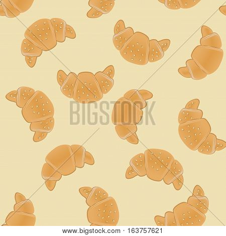 Seamless pattern with ruddy croissants for wrapping, kraft, cards, textile, print. Croissant with sesame seeds.Bakery products background. Vector colorful illustration